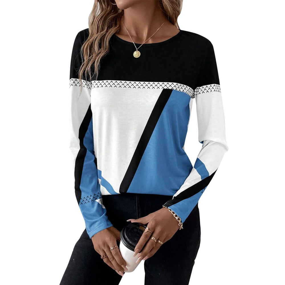 Women Geometric Printed Blouse Color Block Long Sleeve Round Neck Geometric Print Stitching Blouse Sky Blue L