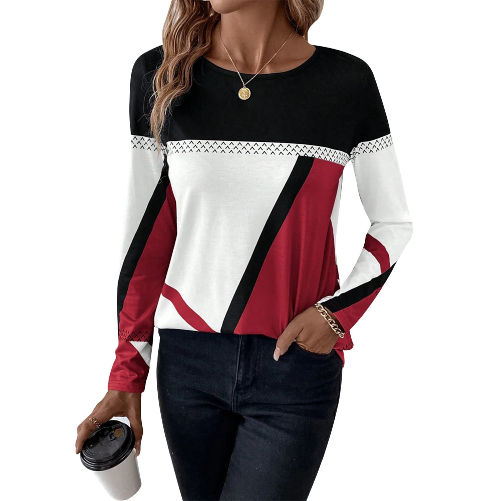 Women Geometric Printed Blouse Color Block Long Sleeve Round Neck Geometric Print Stitching Blouse Red L