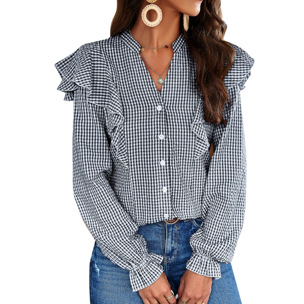 Ruffle Button Up Blouse Top Plaid Long Sleeve V Neckline Ruffle Button Up Blouse for Women Spring Summer Black M