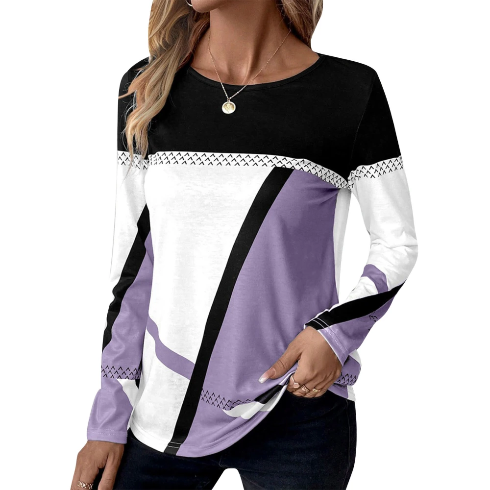 Women Geometric Printed Blouse Color Block Long Sleeve Round Neck Geometric Print Stitching Blouse Purple S