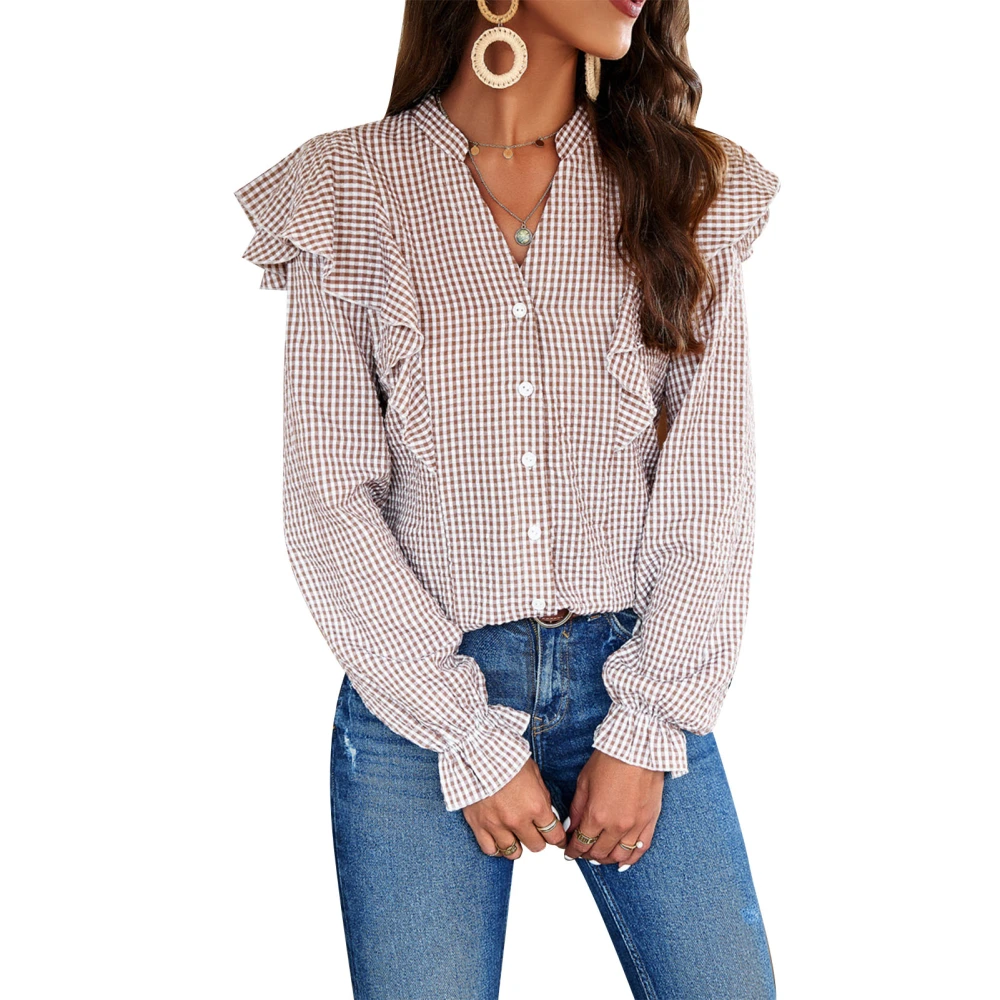 Ruffle Button Up Blouse Top Plaid Long Sleeve V Neckline Ruffle Button Up Blouse for Women Spring Summer Khaki M