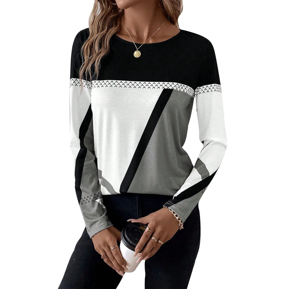 Women Geometric Printed Blouse Color Block Long Sleeve Round Neck Geometric Print Stitching Blouse Grey M