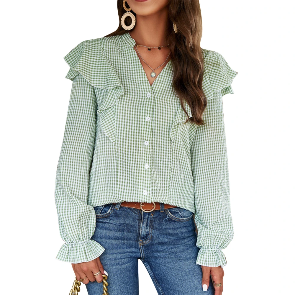 Ruffle Button Up Blouse Top Plaid Long Sleeve V Neckline Ruffle Button Up Blouse for Women Spring Summer Green M