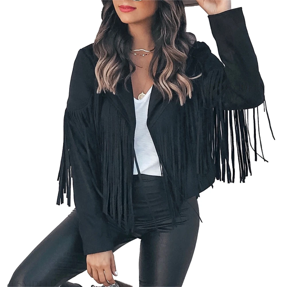 Tassel Trim Suede Texture Outerwear Open Front Turn Down Collar Plain Color Tassel Suede Texture Short Jacket Black XL