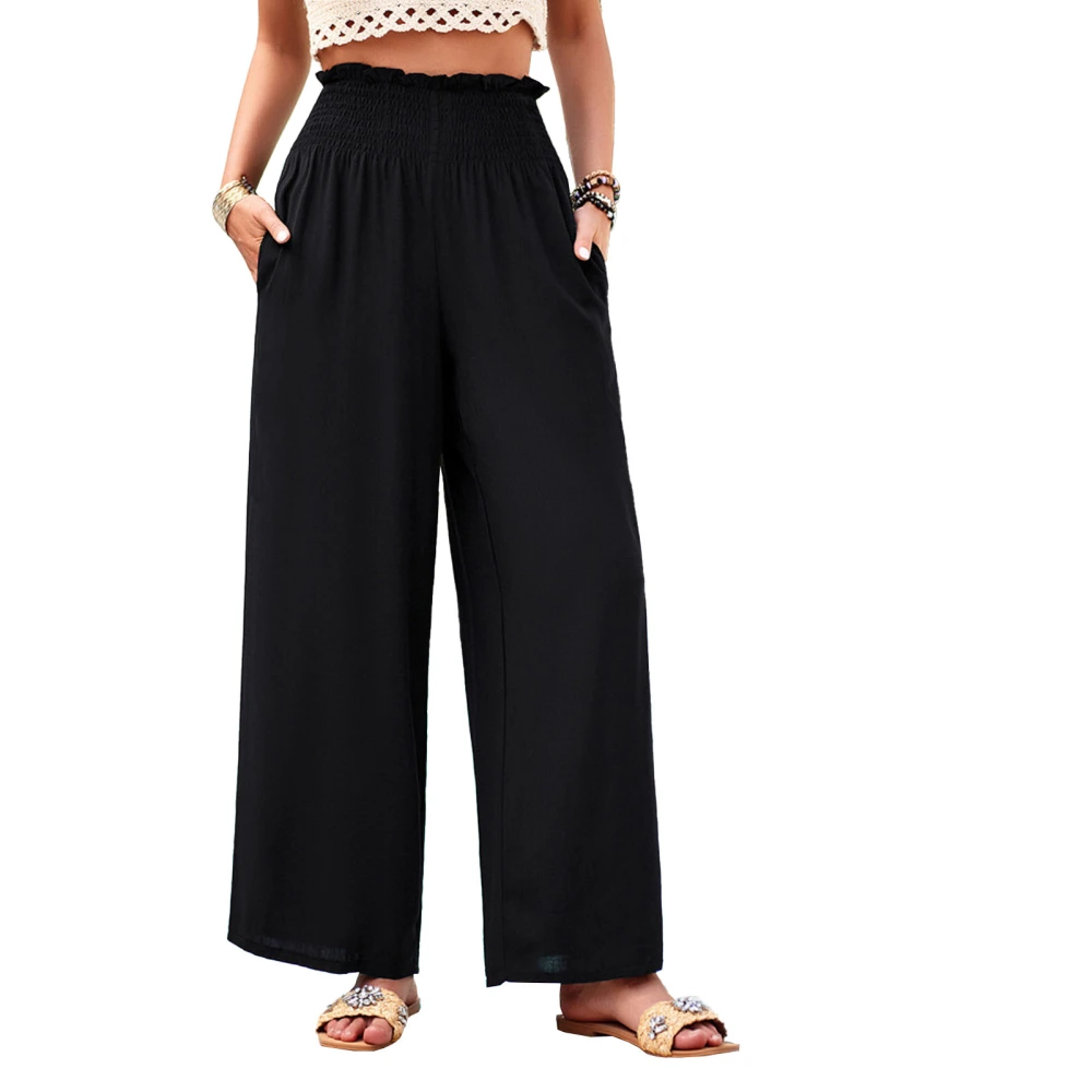 Women Shirred Wide Leg Pants Waist Shirred Solid Color Pockets Loose Casual Wide Leg Long Pants Black S