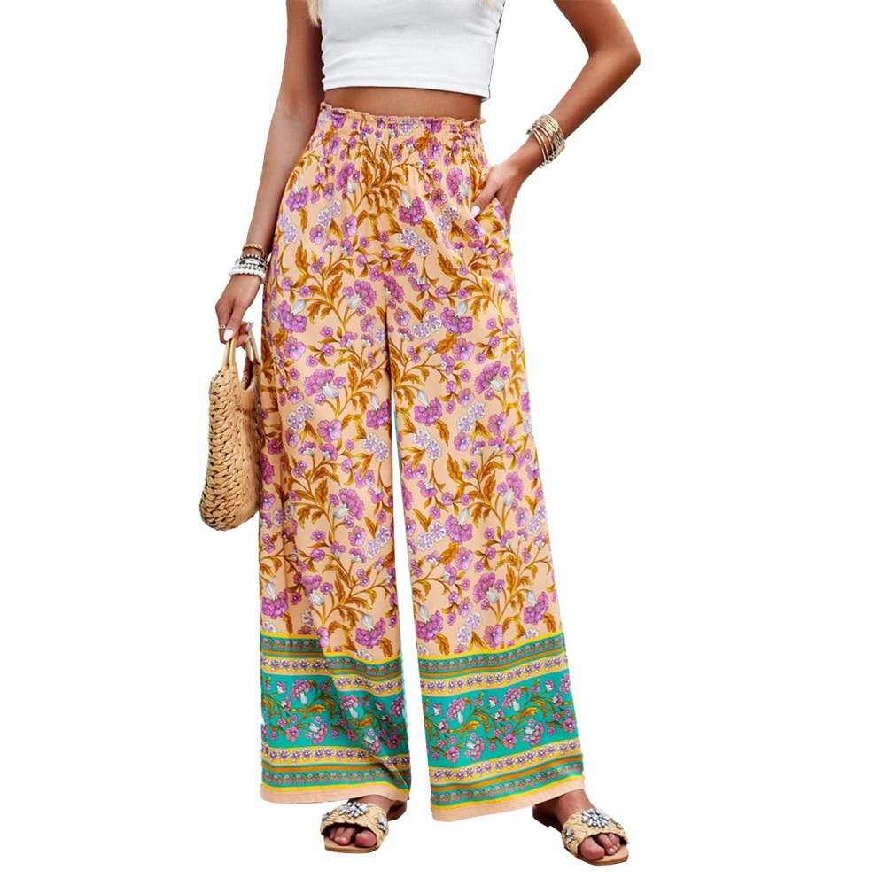 Women Casual Wide Leg Pants Exquisite Print Elastic Waist Fashionable Long Pants for Holiday Beach Vacation Orange S