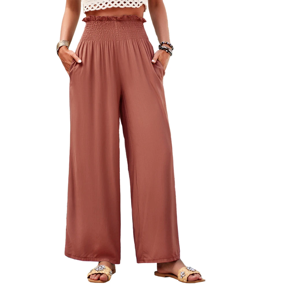 Women Shirred Wide Leg Pants Waist Shirred Solid Color Pockets Loose Casual Wide Leg Long Pants Brown S