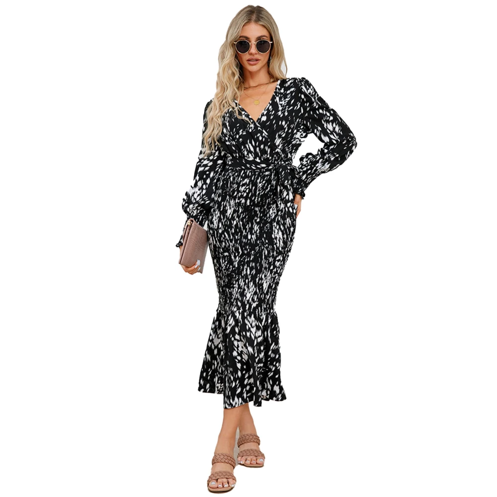 Women Dress Leopard Print V Neck Belted Comfortable Breathable Skin Friendly Long Sleeve Dress for Dating Vacations Black L