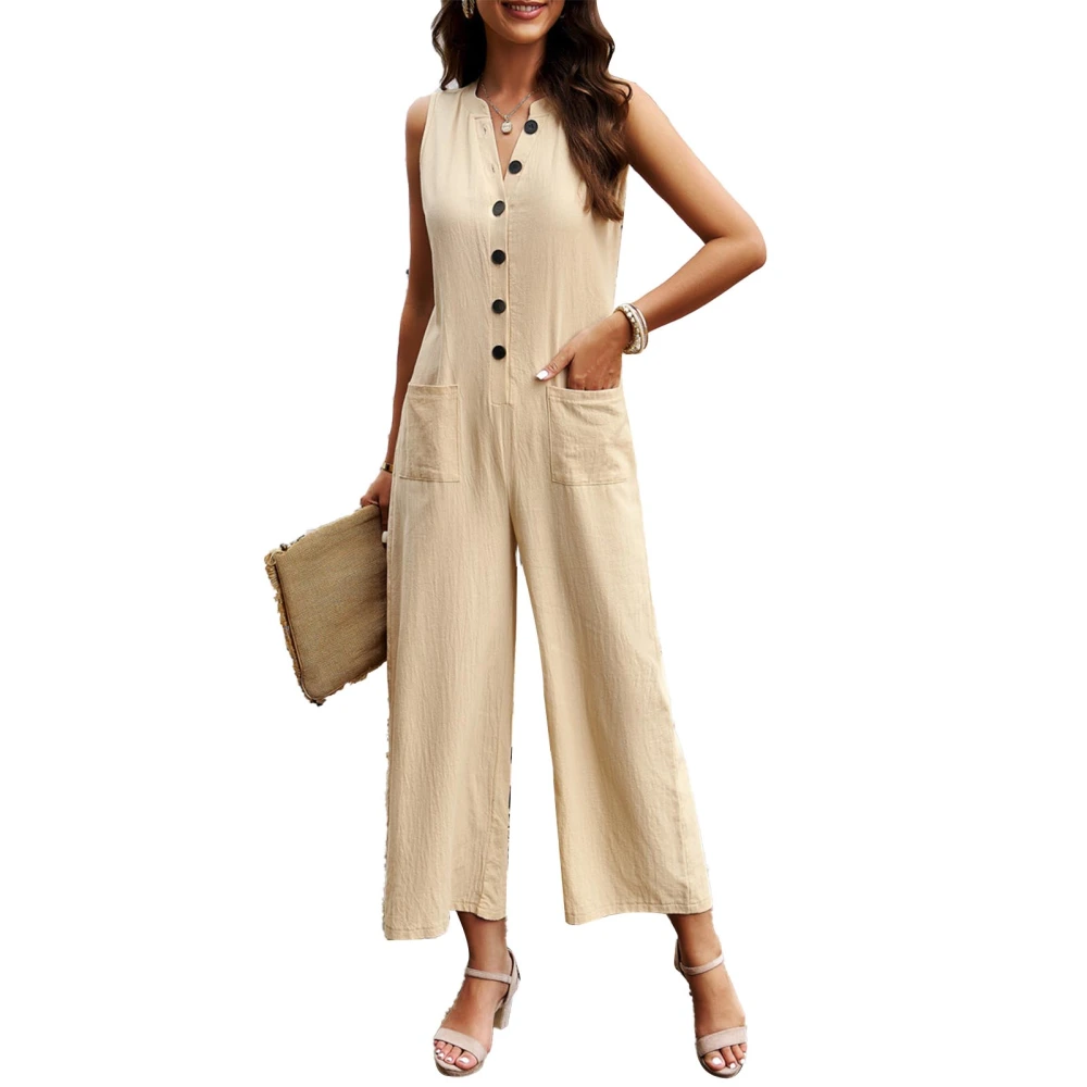 Women Sleeveless Button Up Casual Jumpsuit V Neck Pockets Solid Color Loose One Piece Jumpsuit Khaki S