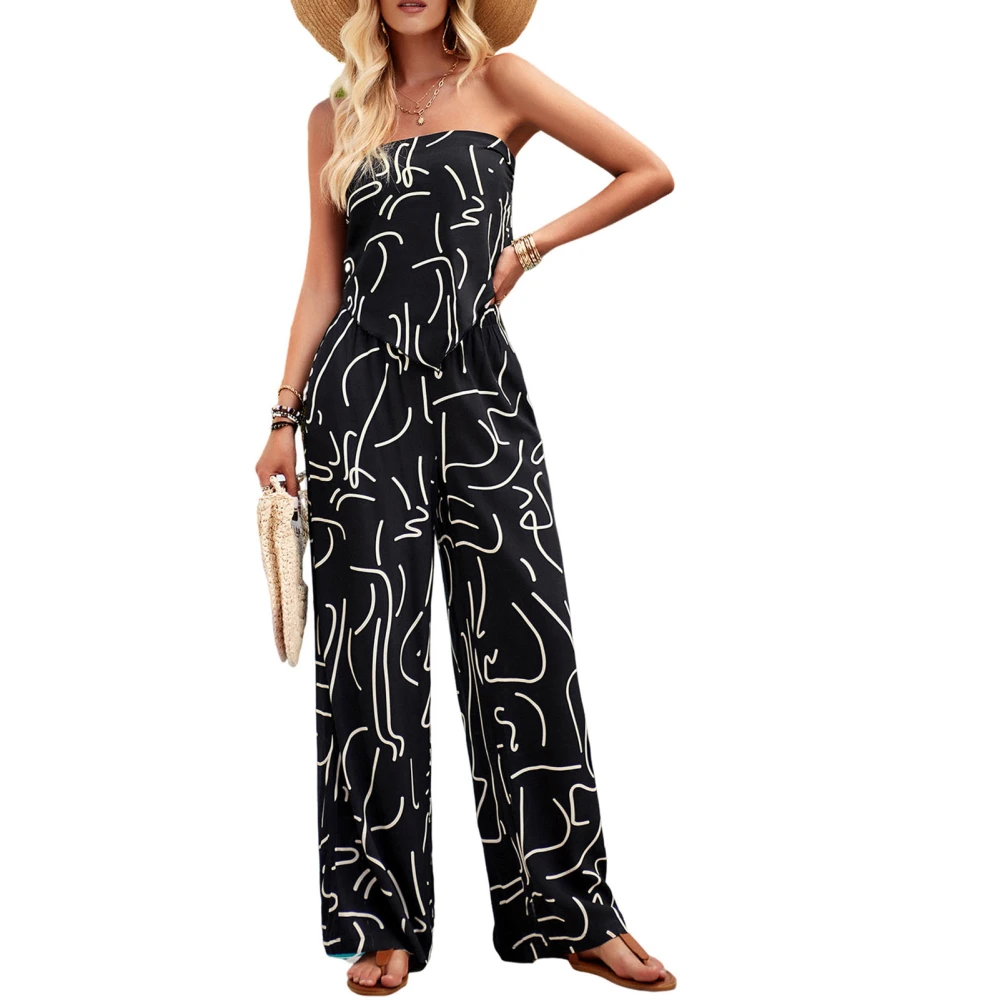 Women Tube Top Wide Leg Pants Set Printed Backless Elastic Waist Strapless 2 Piece Outfits Set With Slant Pockets Black M