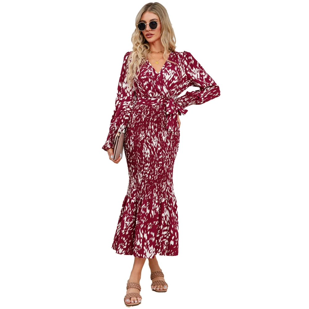 Women Dress Leopard Print V Neck Belted Comfortable Breathable Skin Friendly Long Sleeve Dress for Dating Vacations Red M