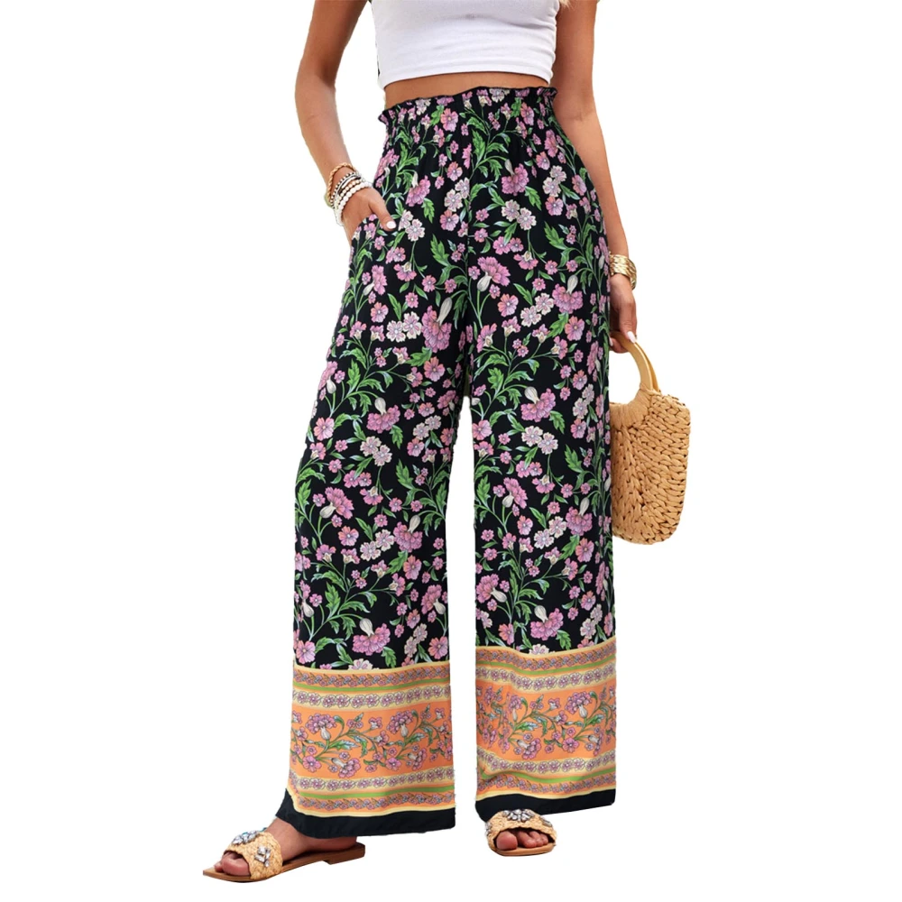 Women Casual Wide Leg Pants Exquisite Print Elastic Waist Fashionable Long Pants for Holiday Beach Vacation Black M