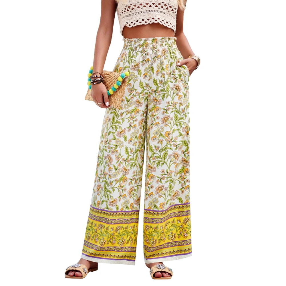 Women Casual Wide Leg Pants Exquisite Print Elastic Waist Fashionable Long Pants for Holiday Beach Vacation Yellow L