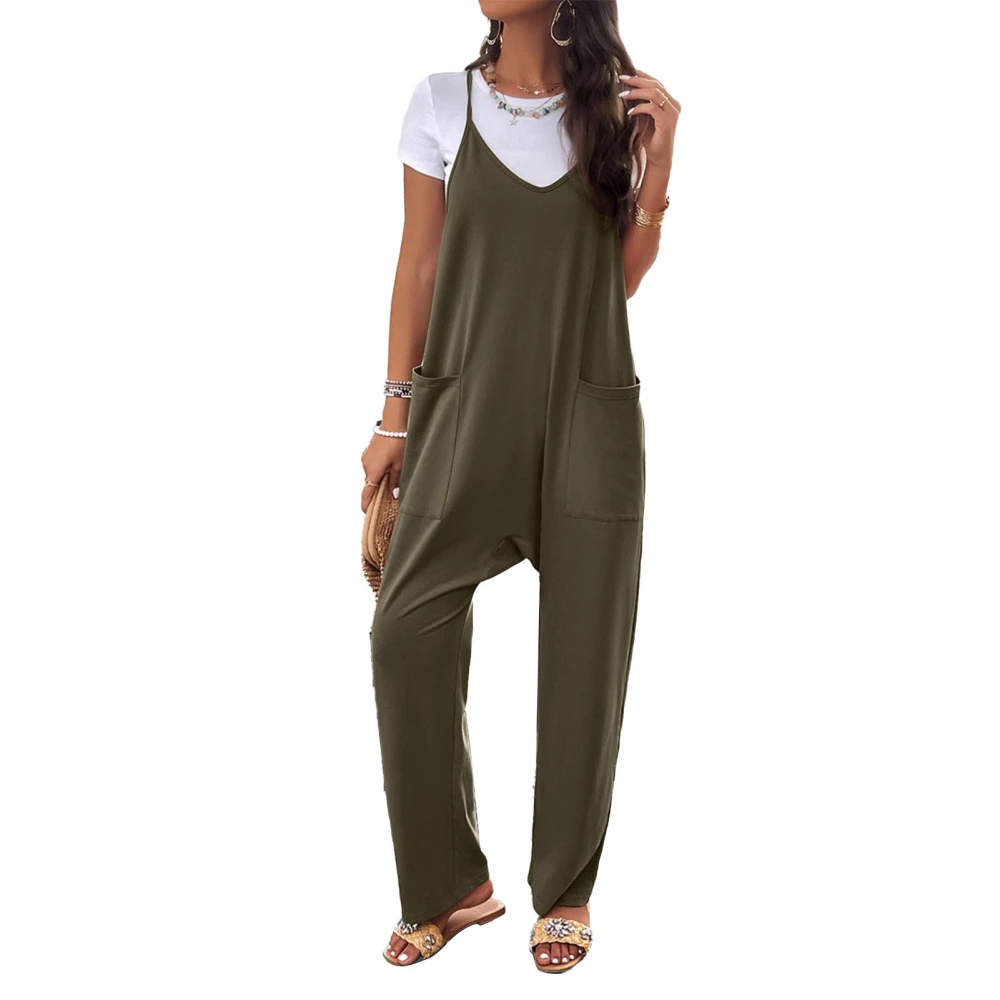 Women Spaghetti Strap Jumpsuit Loose Fit Casual V Neck Wide Leg Sleeveless Overalls with Pockets OD Green L