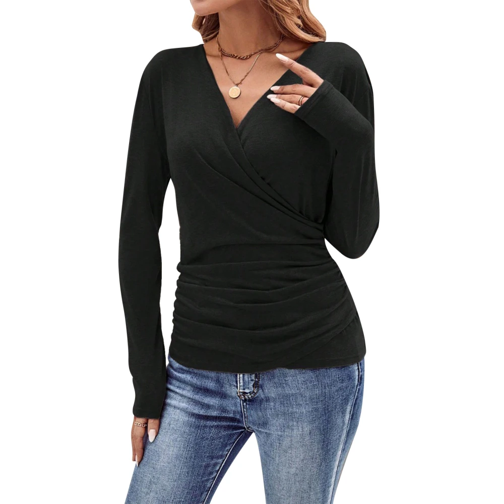 Casual Long Sleeve Top V Neck Waist Pleats Slim Fitted Basic Shirt for Home Shopping Dating Black XXL