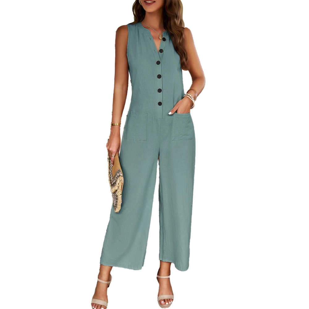 Women Sleeveless Button Up Casual Jumpsuit V Neck Pockets Solid Color Loose One Piece Jumpsuit Pea Green XL