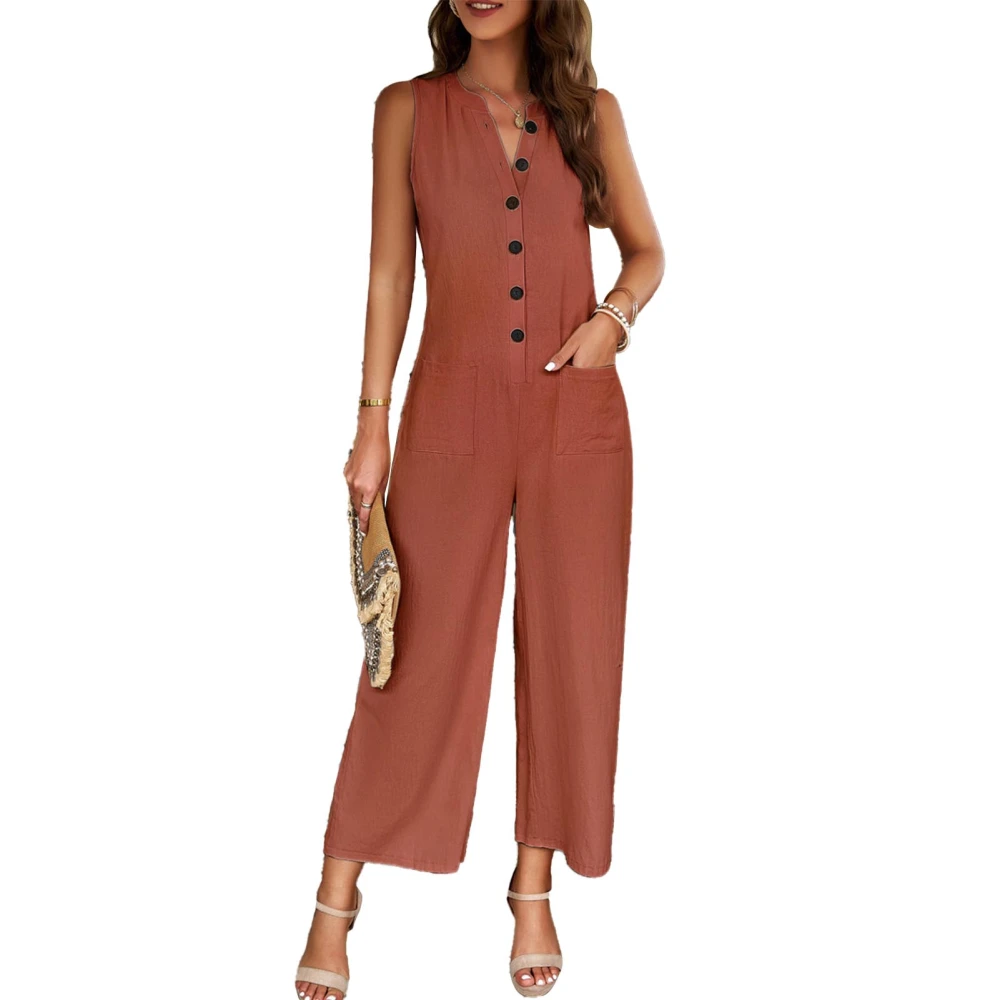 Women Sleeveless Button Up Casual Jumpsuit V Neck Pockets Solid Color Loose One Piece Jumpsuit Brown M