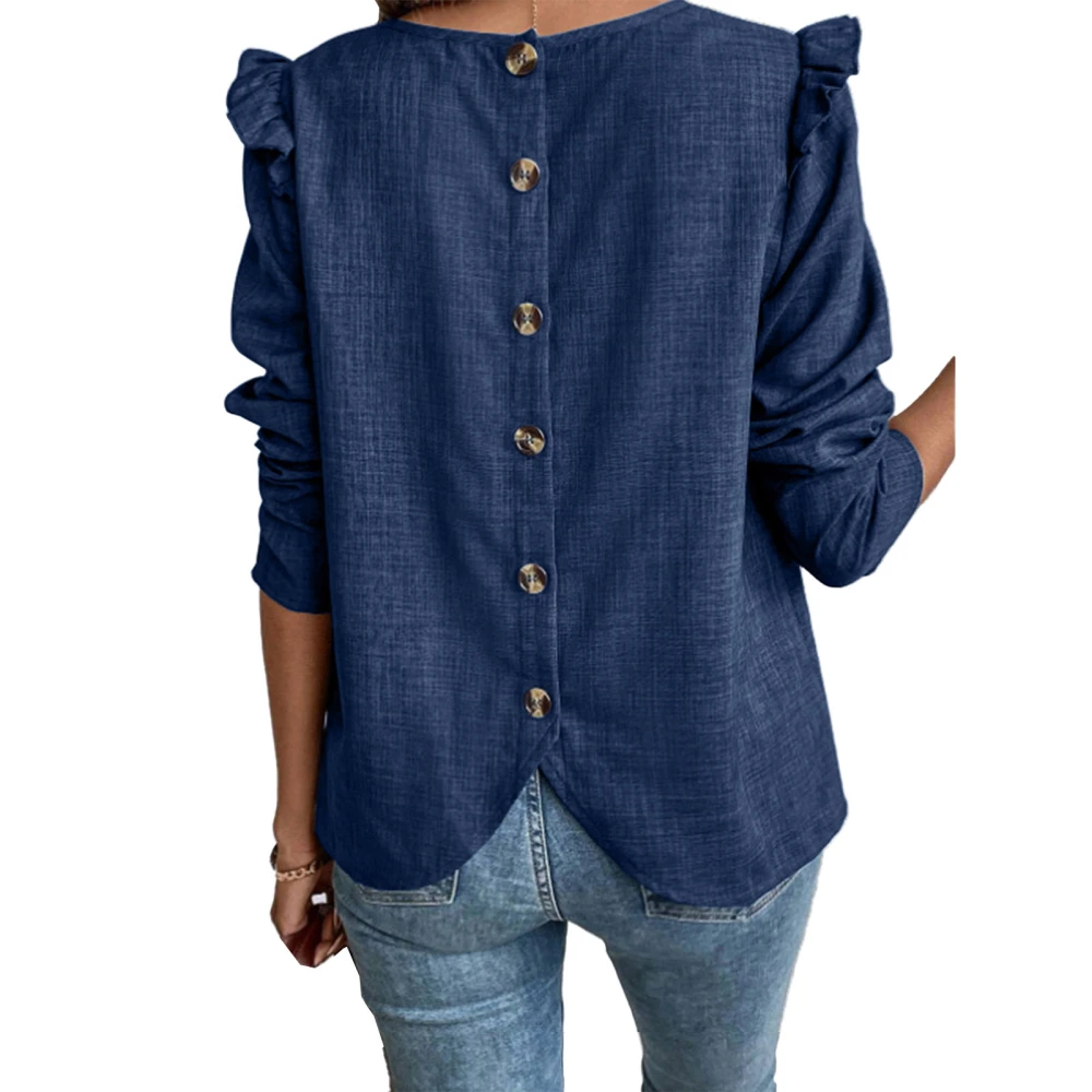 Women Button Back Solid Blouse Round Neck Back Button Up Asymmetrical Hem Blouse Pure Color Long Sleeve Casual Top Navy Blue 3XL