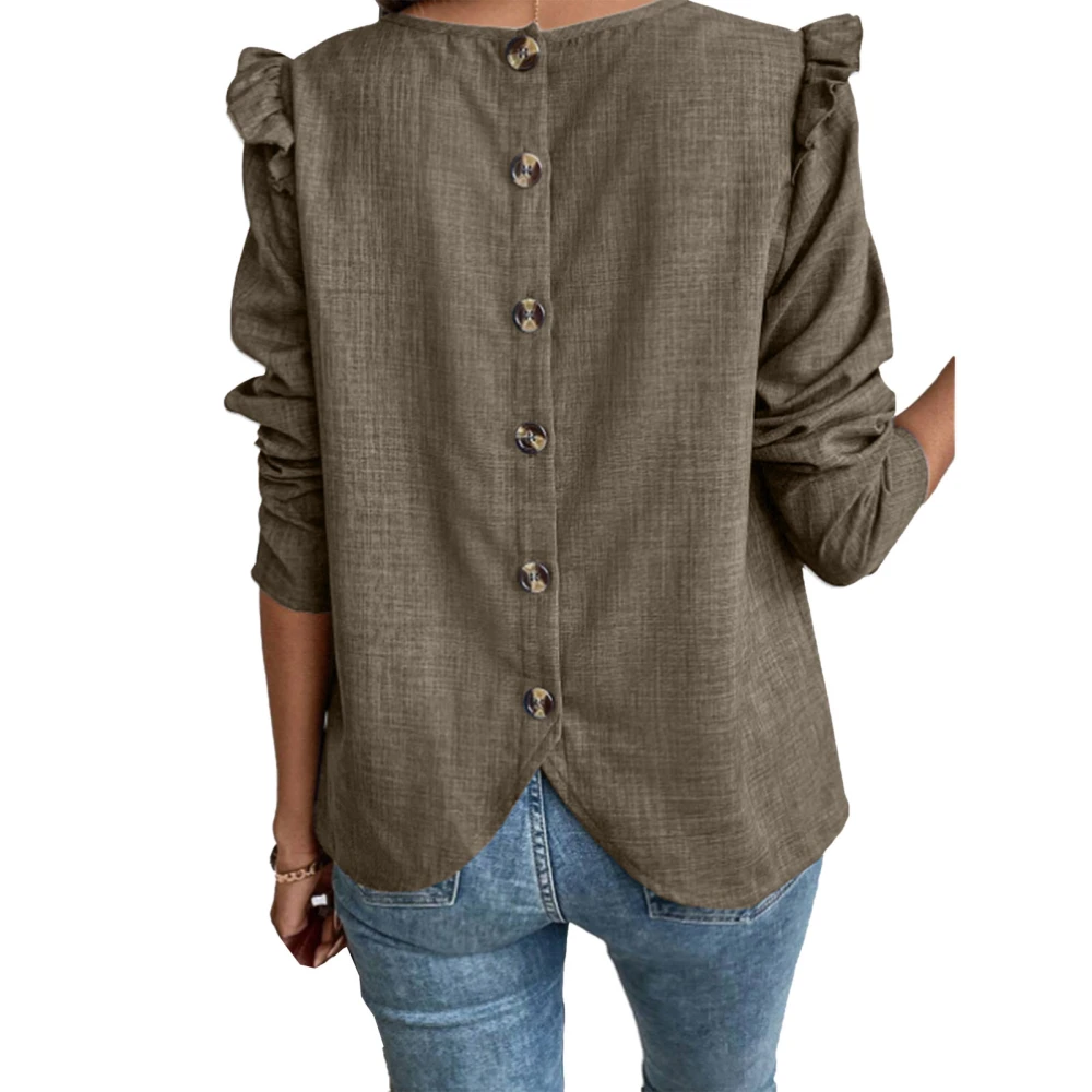 Women Button Back Solid Blouse Round Neck Back Button Up Asymmetrical Hem Blouse Pure Color Long Sleeve Casual Top Khaki L