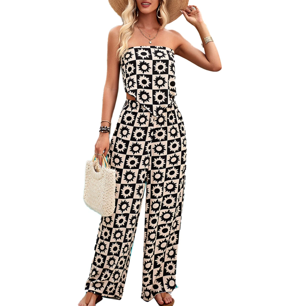 Women Tube Top Wide Leg Pants Set Printed Backless Elastic Waist Strapless 2 Piece Outfits Set With Slant Pockets Khaki S