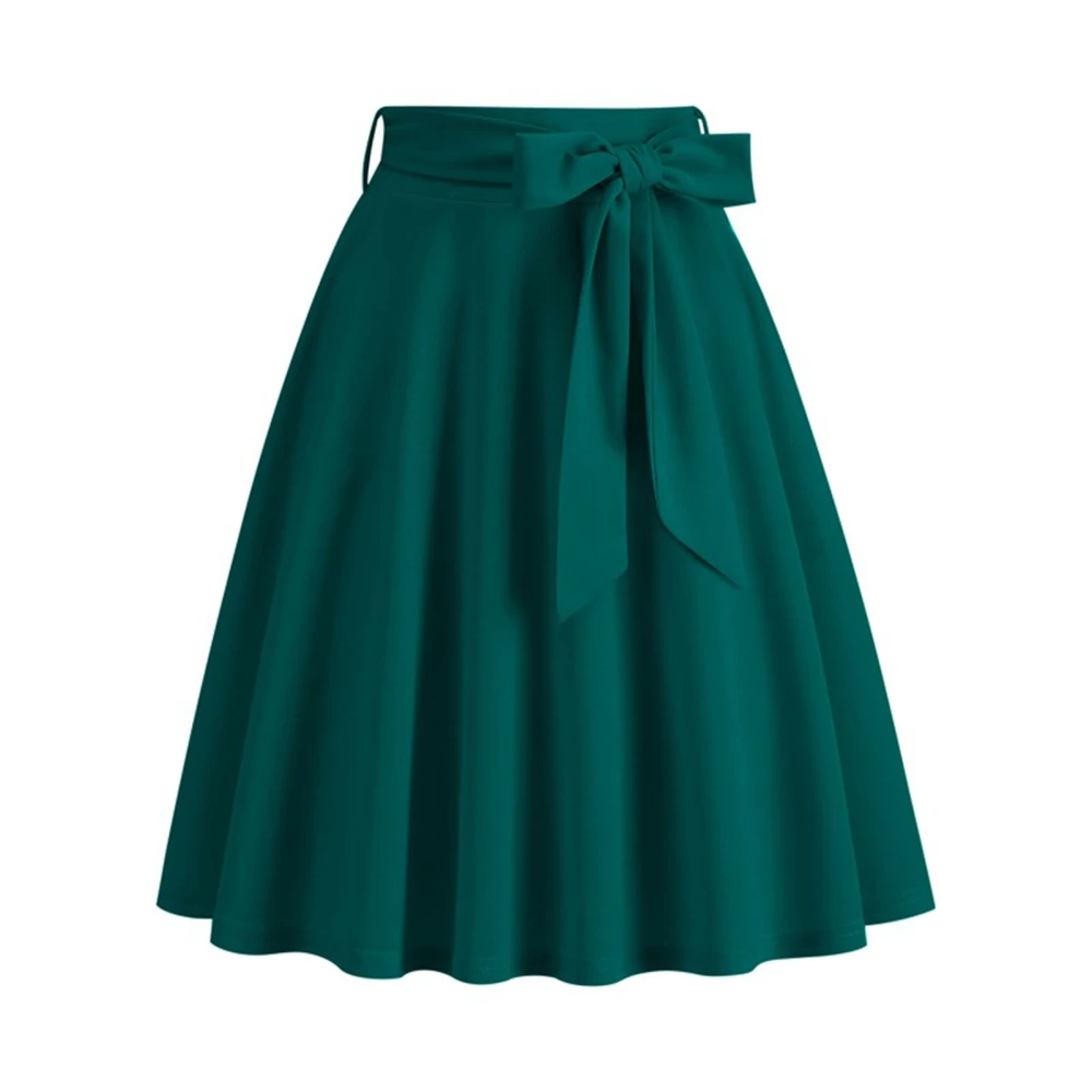 Women High Waist Solid Midi Skirt Pocket Side Bowknot Belt A Line Pure Color Concealed Zipper Casual Skirt Green L