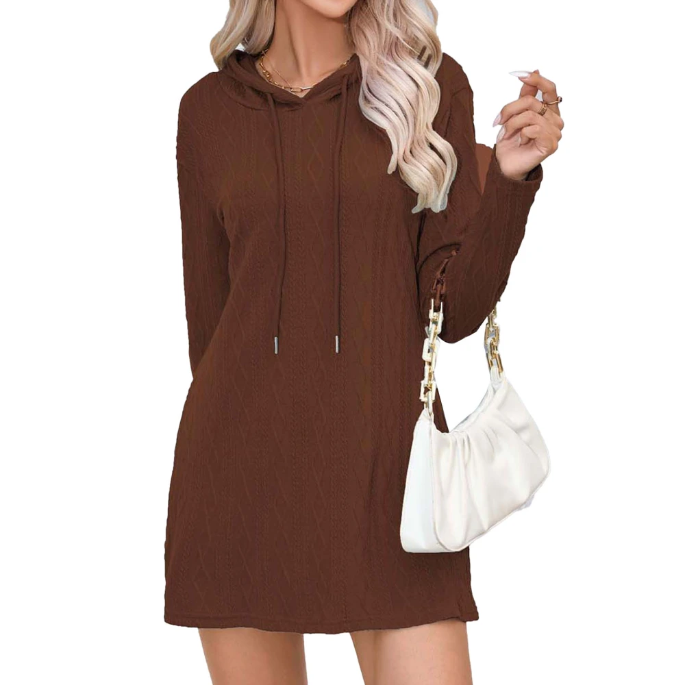 Women Knitted Hooded Long Sleeve Dress Loose Fit Pure Color Drawstring Hooded Sweater Dress Dark Brown S