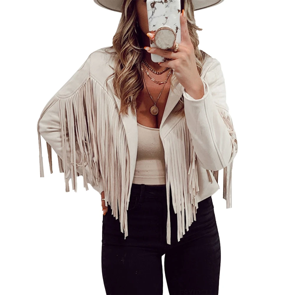 Tassel Trim Suede Texture Outerwear Open Front Turn Down Collar Plain Color Tassel Suede Texture Short Jacket Beige XL