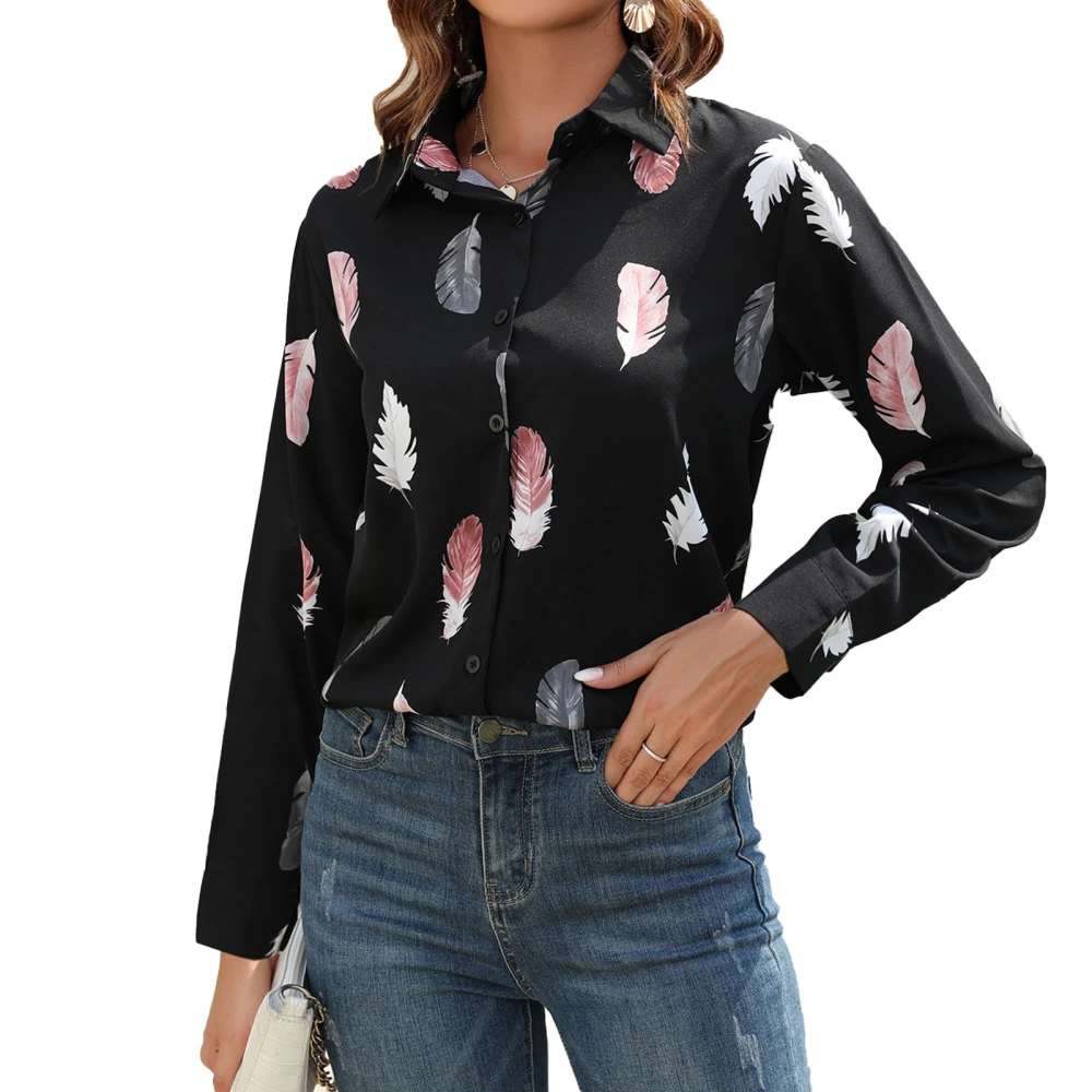 Women Feather Print Blouse Long Sleeve Feather Print Shirt Button Up Turn Down Collar Asymmetrical Hem Casual Shirt Black L