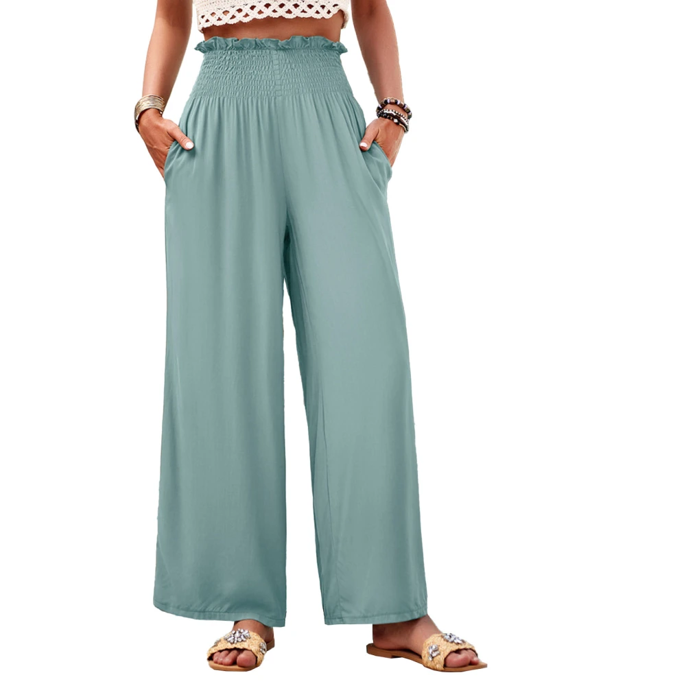 Women Shirred Wide Leg Pants Waist Shirred Solid Color Pockets Loose Casual Wide Leg Long Pants Pea Green L