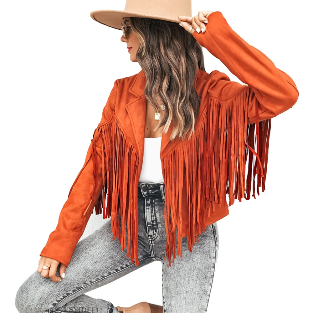 Tassel Trim Suede Texture Outerwear Open Front Turn Down Collar Plain Color Tassel Suede Texture Short Jacket Orange M