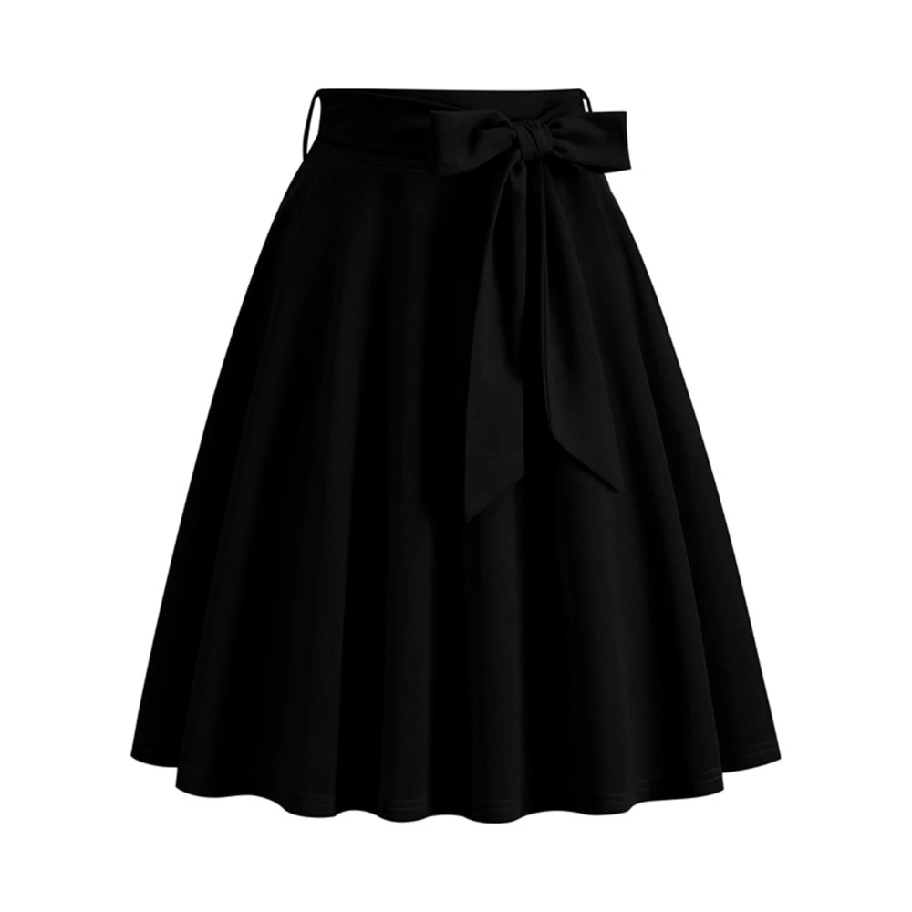 Women High Waist Solid Midi Skirt Pocket Side Bowknot Belt A Line Pure Color Concealed Zipper Casual Skirt Black L