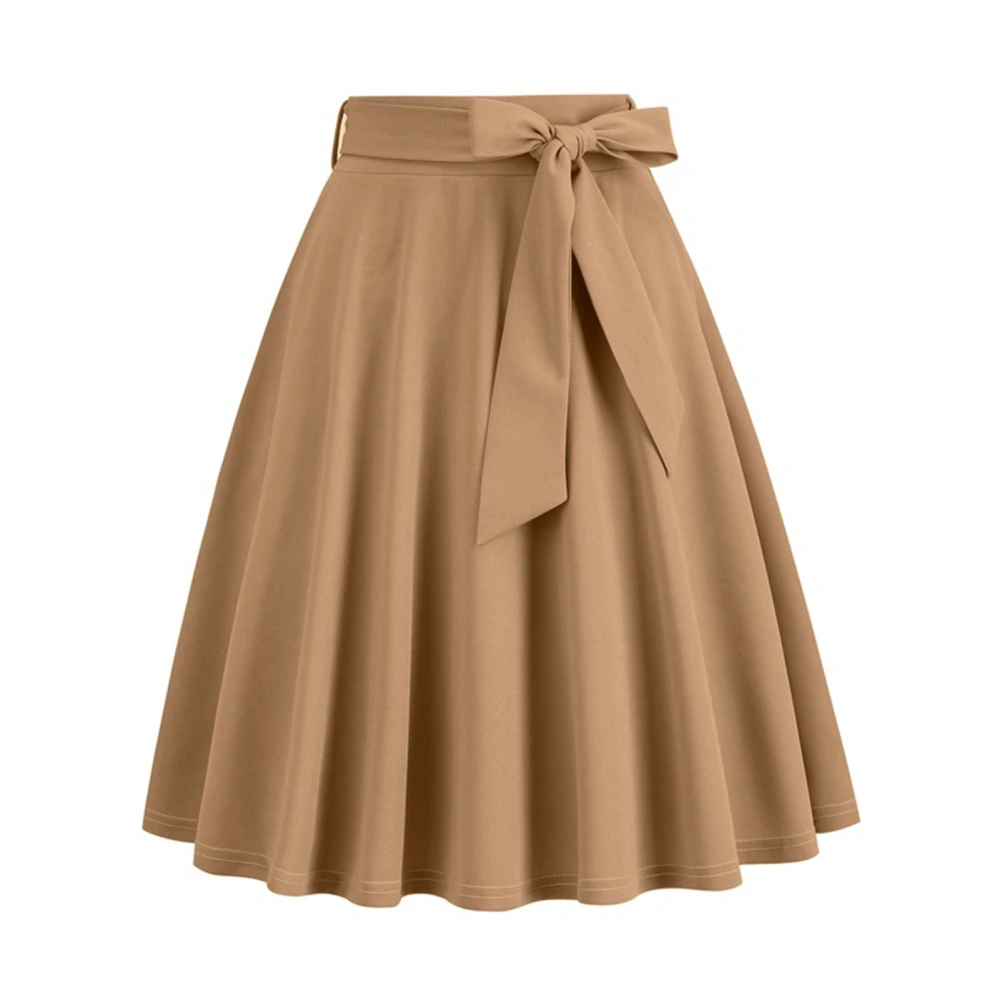 Women High Waist Solid Midi Skirt Pocket Side Bowknot Belt A Line Pure Color Concealed Zipper Casual Skirt Apricot S