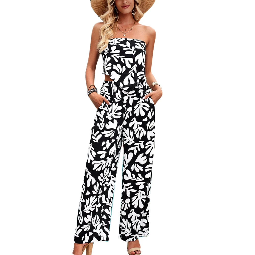 Women Tube Top Wide Leg Pants Set Printed Backless Elastic Waist Strapless 2 Piece Outfits Set With Slant Pockets Black and White S