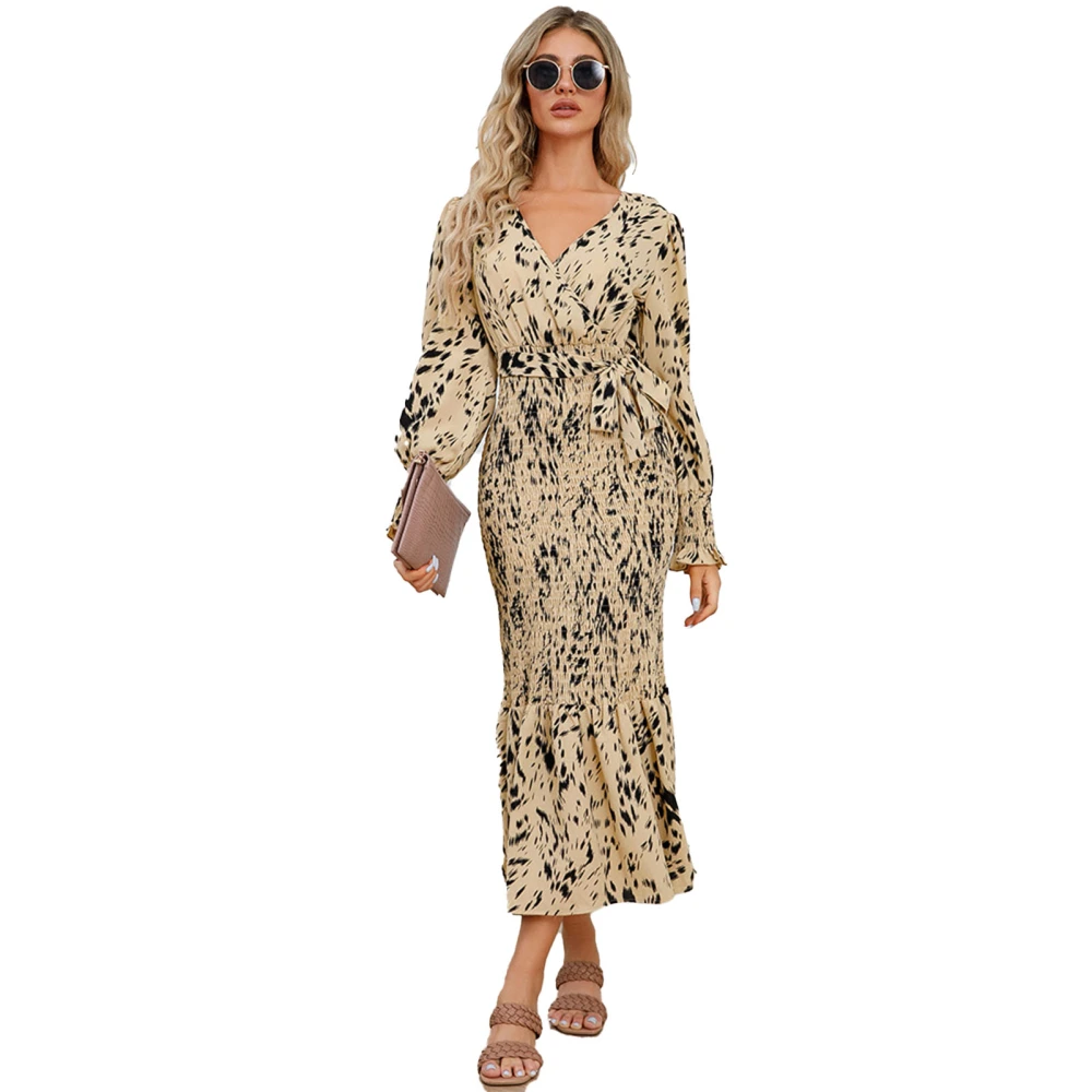 Women Dress Leopard Print V Neck Belted Comfortable Breathable Skin Friendly Long Sleeve Dress for Dating Vacations Apricot XL