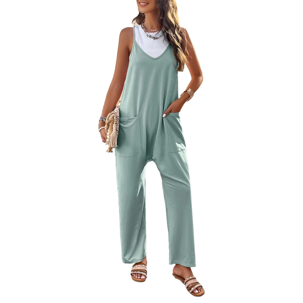 Women Spaghetti Strap Jumpsuit Loose Fit Casual V Neck Wide Leg Sleeveless Overalls with Pockets Green Bean S