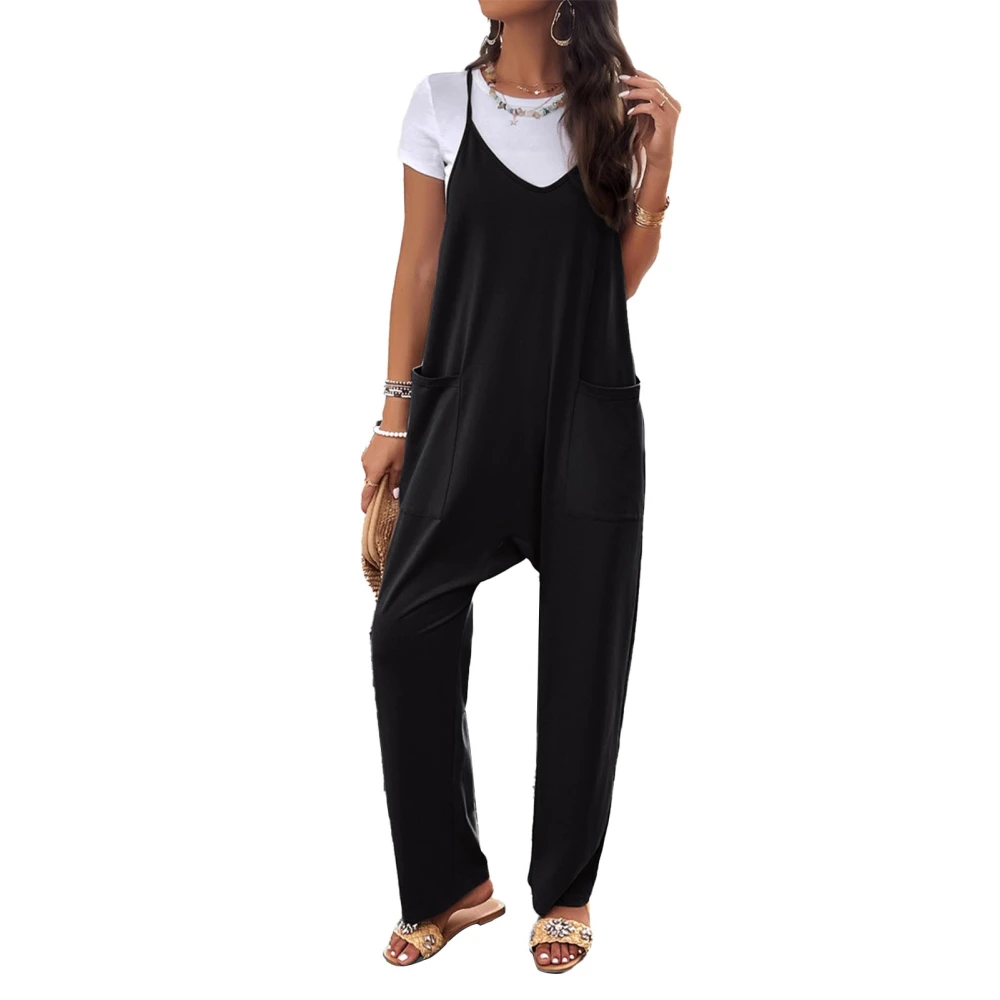 Women Spaghetti Strap Jumpsuit Loose Fit Casual V Neck Wide Leg Sleeveless Overalls with Pockets Black S