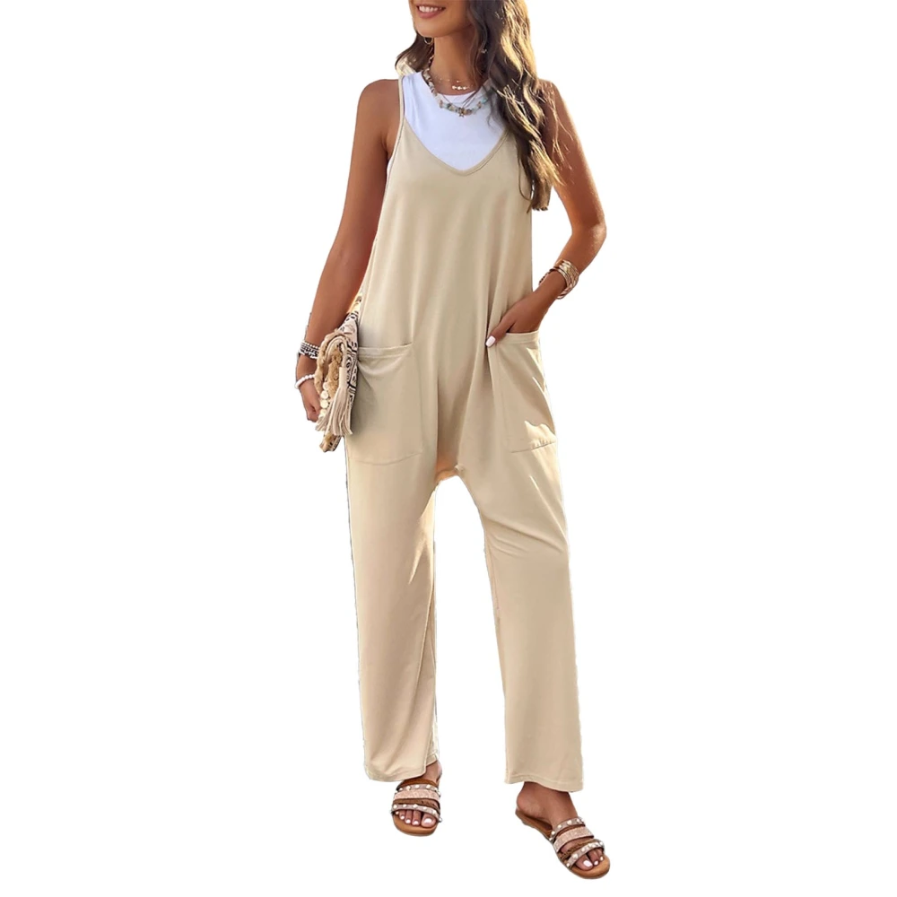 Women Spaghetti Strap Jumpsuit Loose Fit Casual V Neck Wide Leg Sleeveless Overalls with Pockets Apricot L