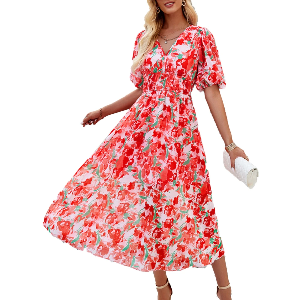 Women V Neck Long Dress Short Puff Sleeves Elastic Waist Printing Dress for Daily Wear Red XL