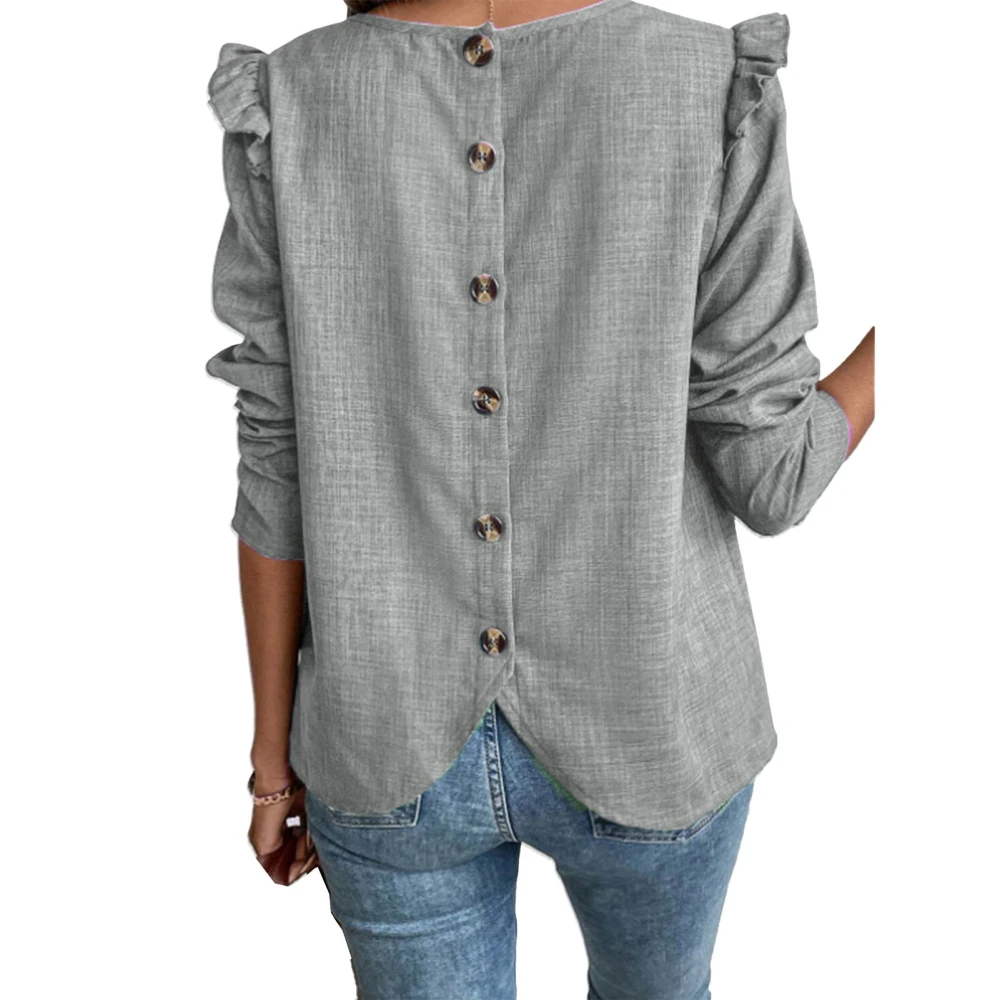 Women Button Back Solid Blouse Round Neck Back Button Up Asymmetrical Hem Blouse Pure Color Long Sleeve Casual Top Grey XXL