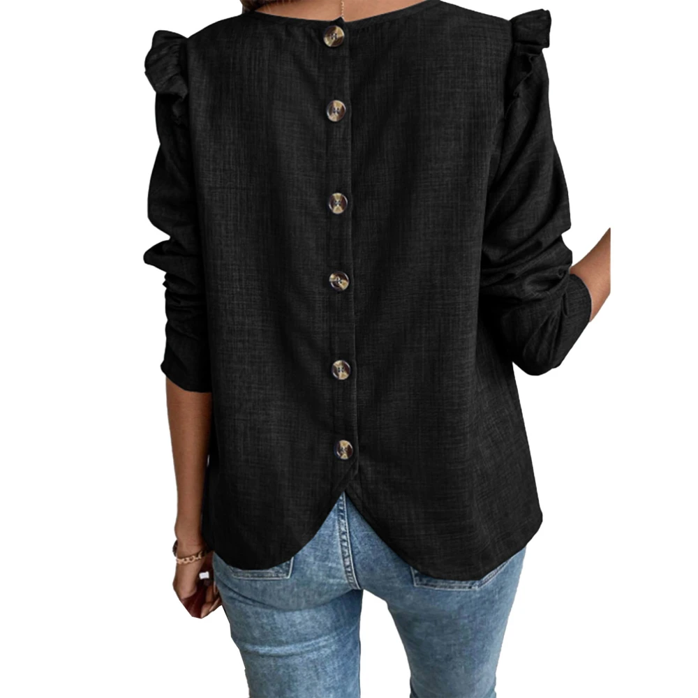 Women Button Back Solid Blouse Round Neck Back Button Up Asymmetrical Hem Blouse Pure Color Long Sleeve Casual Top Black 3XL