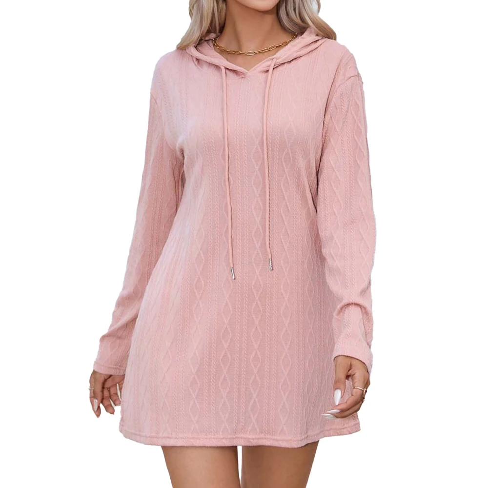 Women Knitted Hooded Long Sleeve Dress Loose Fit Pure Color Drawstring Hooded Sweater Dress Pink S