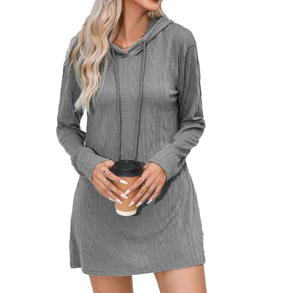 Women Knitted Hooded Long Sleeve Dress Loose Fit Pure Color Drawstring Hooded Sweater Dress Gray L