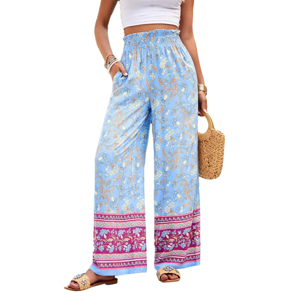 Women Casual Wide Leg Pants Exquisite Print Elastic Waist Fashionable Long Pants for Holiday Beach Vacation Blue L