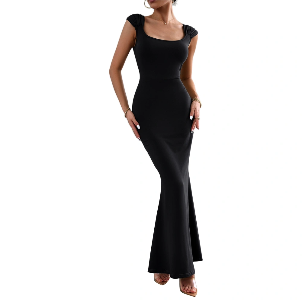 Fishtail Long Dress Ruched Strap U Neck Knitted Slim Fitted Sleeveless Fishtail Long Dress Black S