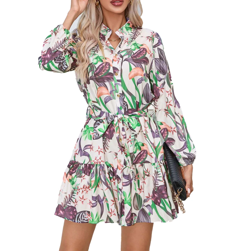 Women Long Sleeve Dress Button Up A Line Tie Waist Stylish Printed Dress for Party and Daily Wear Apricot M