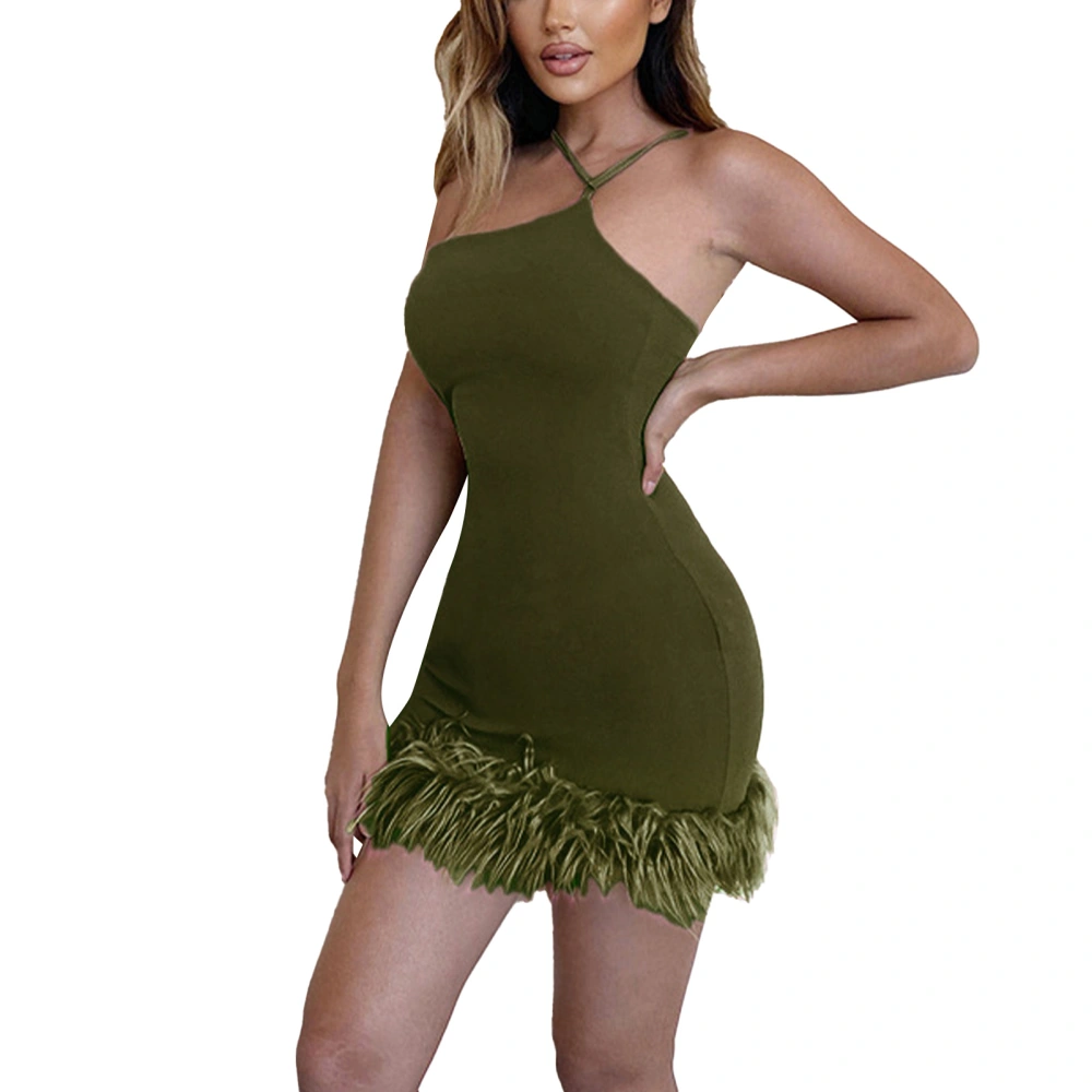 Women Halter Neck Dress One Shoulder Fashion Style Slim Sleeveless Mini Dress for Party Dating Dark Green L