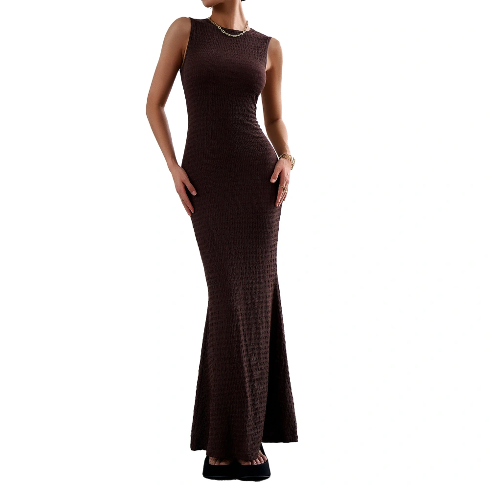 Sleeveless Knitted Bodycon Long Dress Slim Fitted Elegant Plain Color Sleeveless Bodycon Maxi Dress for Women Black Brown XL