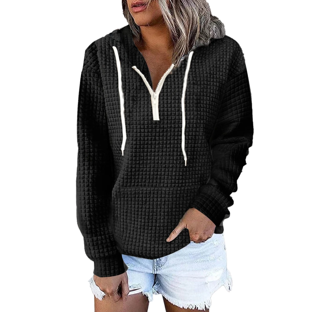 Pullover Hooded Sweatshirt Pure Color Long Sleeves Drawstring Hoodie Top for Home Shopping Black XXL