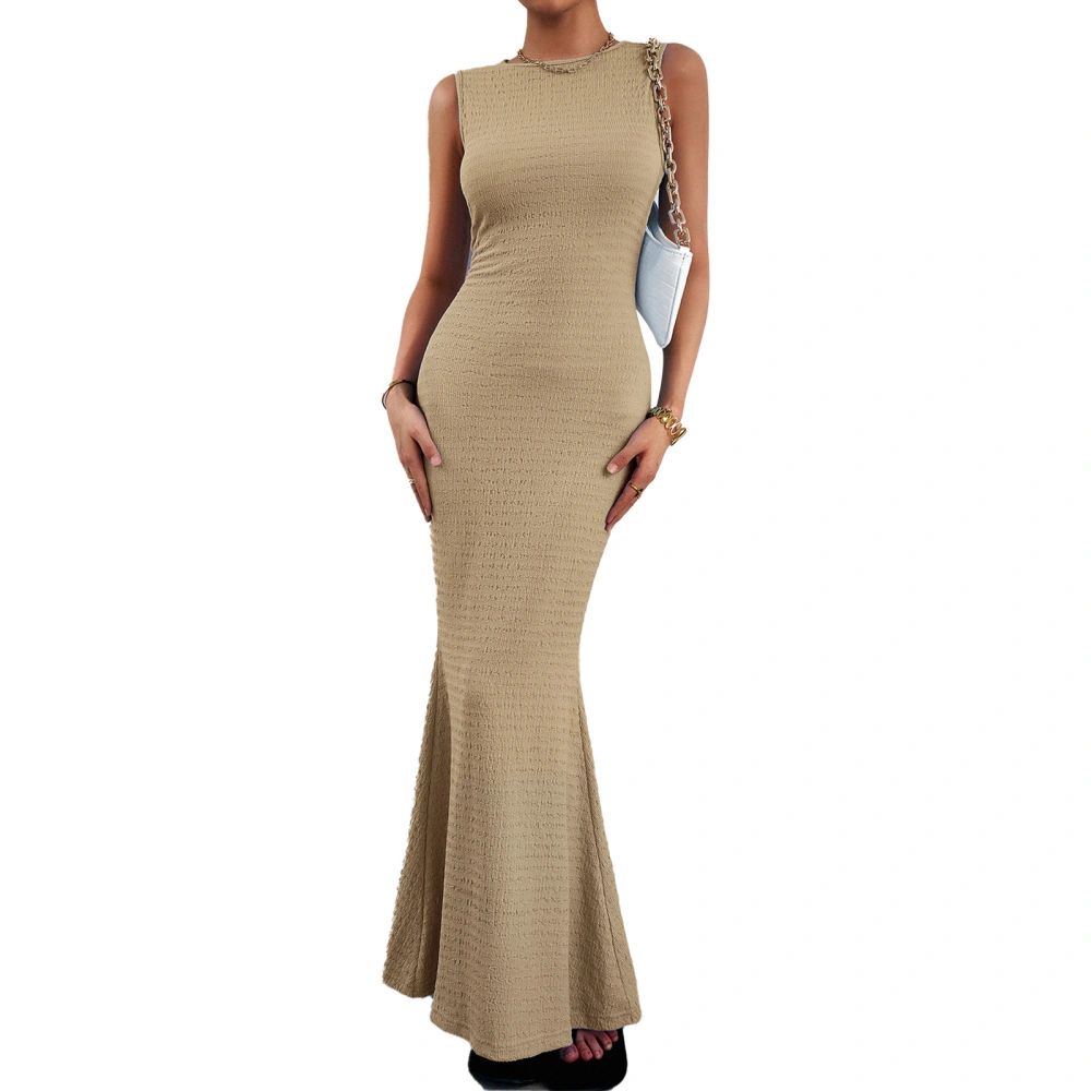 Sleeveless Knitted Bodycon Long Dress Slim Fitted Elegant Plain Color Sleeveless Bodycon Maxi Dress for Women Khaki XL