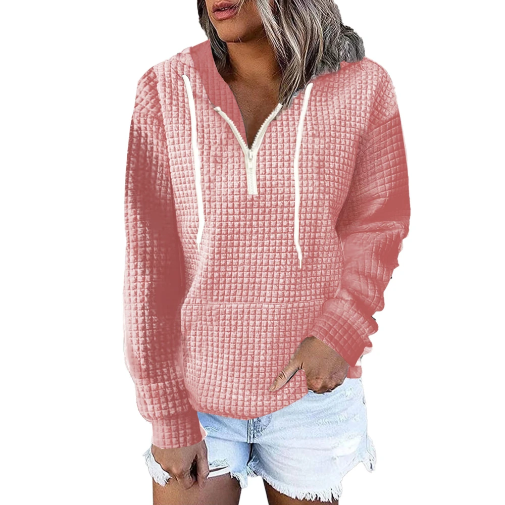 Pullover Hooded Sweatshirt Pure Color Long Sleeves Drawstring Hoodie Top for Home Shopping Pink L